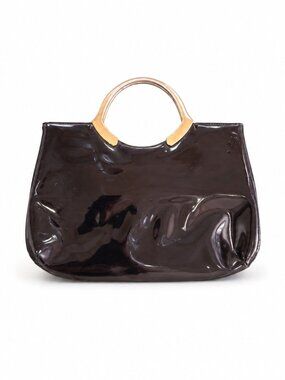 Vintage Black Evening Handbag with Shiny Black Faux Leather and Gold Handle
